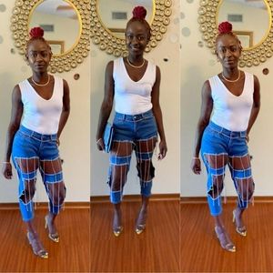 Distressed Rhinestone Jeans- Fringed Denim